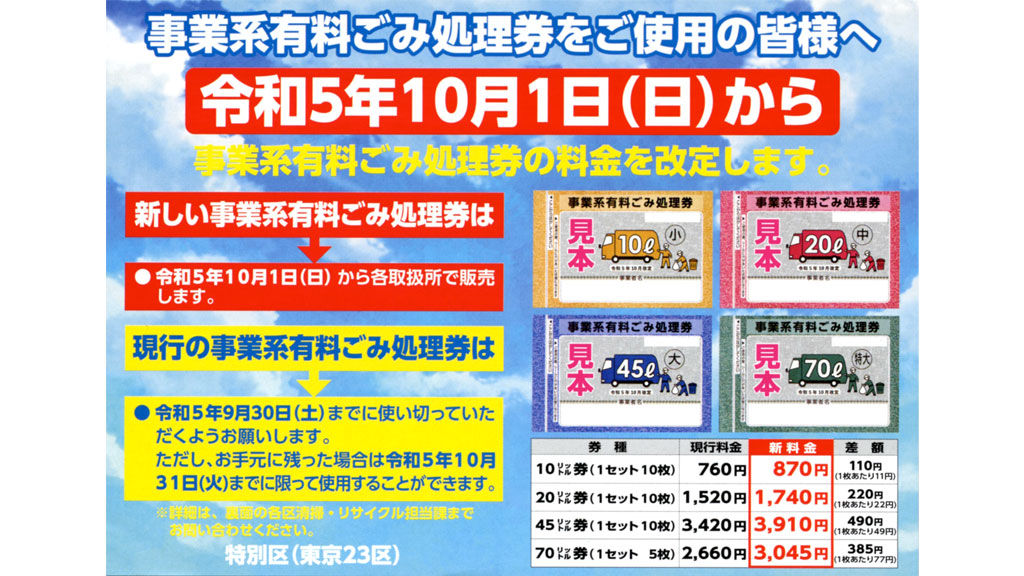 ゴミ処理券の価格改定】 東京23区の事業系有料ゴミ処理券の値上げ 